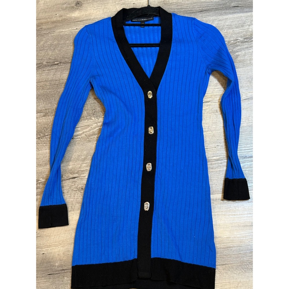 White‎ House Black Market Blue Ribbed Knit Cardigan Dress Gold Button Accent XS
